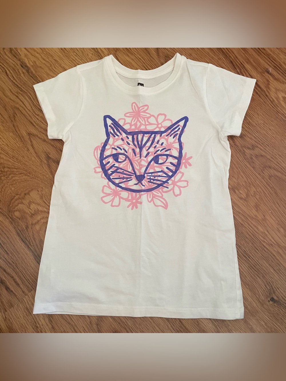 Tea Collection Girls White Tee with Pink Floral Cat Graphic